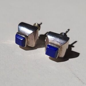 intage 925 Sterling Silver Lapis Lazuli Geometric Stud Earrings Square Post
